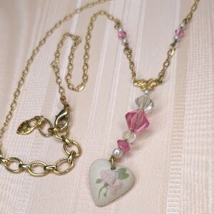 Vintage Ceramic Heart Charm Necklace Pink Beaded Gold Tone Chain Cottagecore